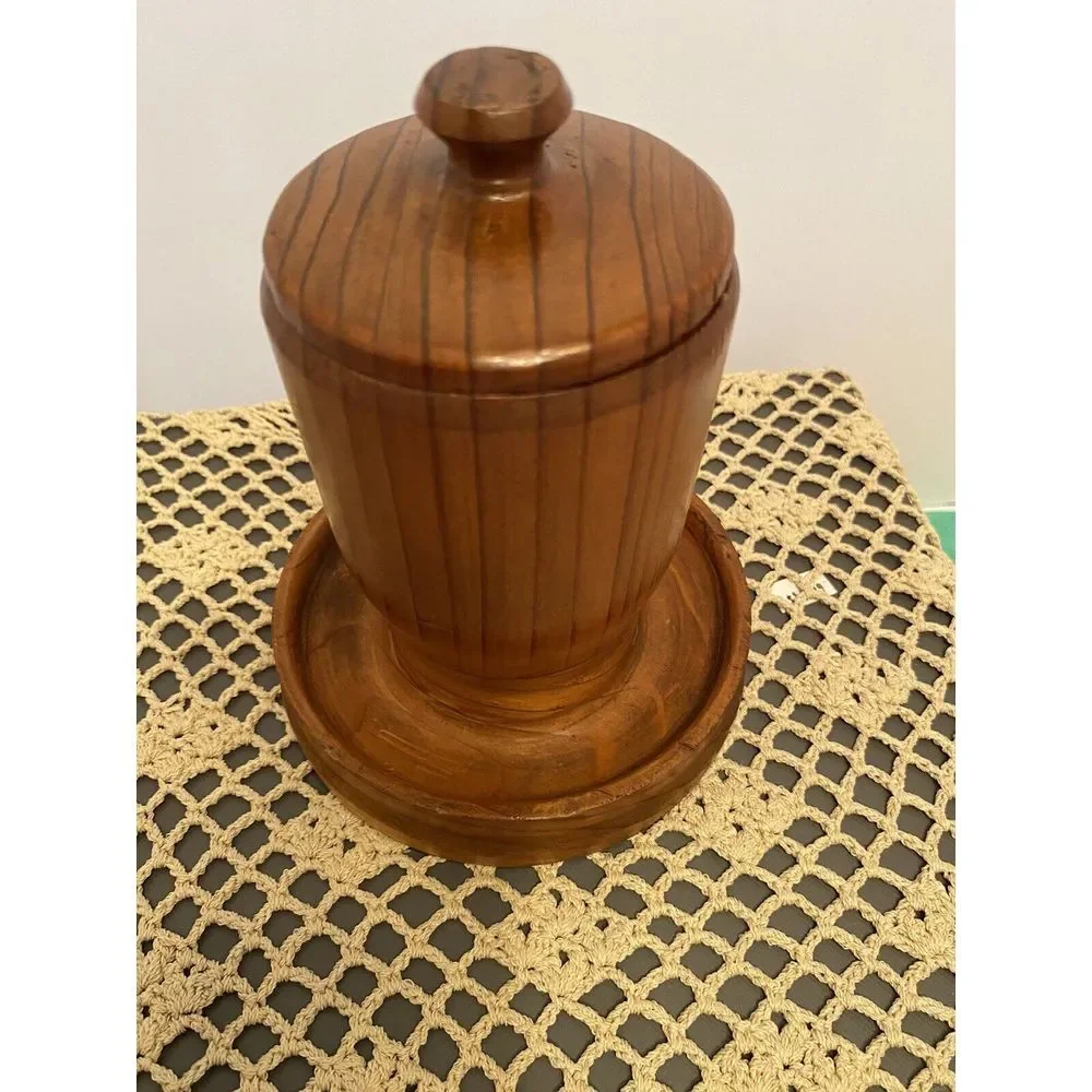 Antique Turned Maple Wood Lidded Cylindric Canister Lid Having Button Cap Finial
